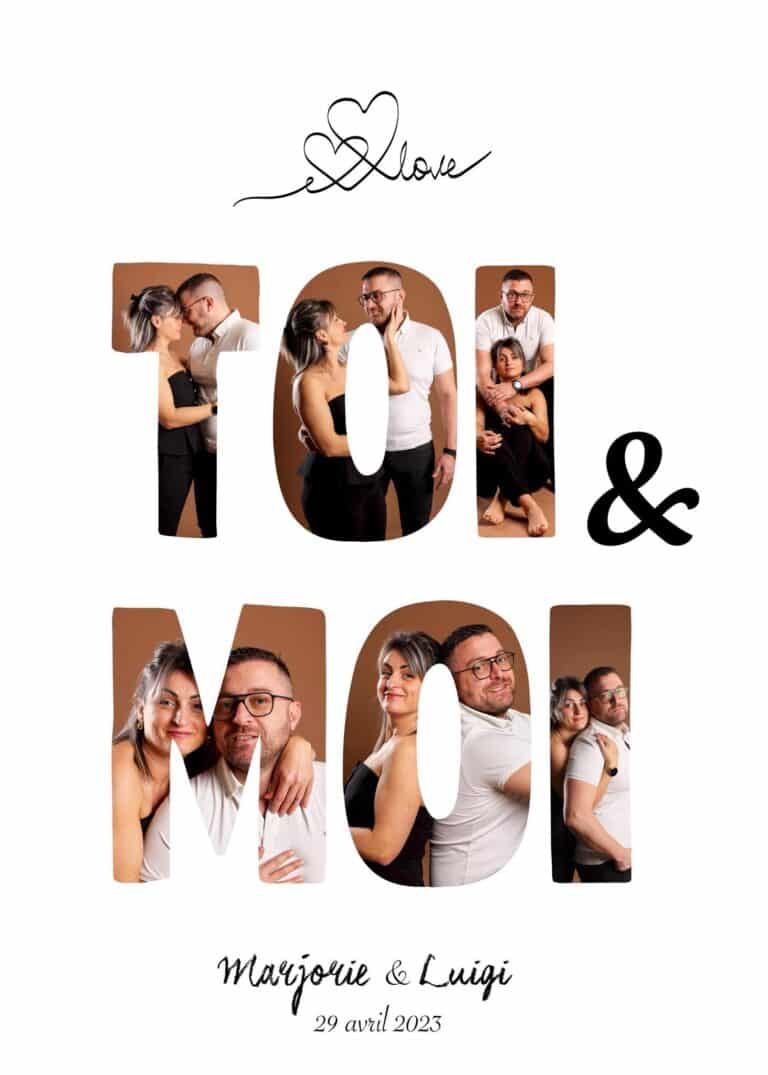 Montage photo créatif pour couple intitulé "TOI & MOI". Les lettres géantes servent de cadres à plusieurs portraits d'un homme et d'une femme complices lors d'une séance photo. Le design épuré inclut un logo avec des cœurs, les prénoms "Marjorie & Luigi" et la date du 29 avril 2023. Idée de cadeau originale pour la Saint-Valentin.